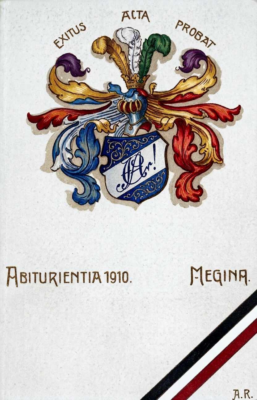 Farbige Abiturkarte von 1910 mit dem Wahlspruch Exitus acta probat.